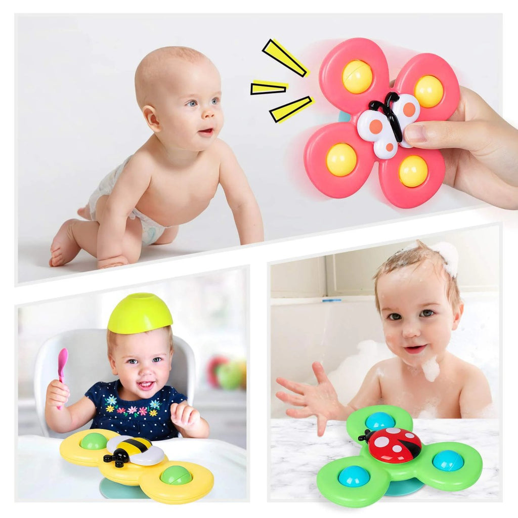 Set aus 3 bunten Saugnapf Spinnern für Kinder, fördert sensorische Entwicklung und Feinmotorik.