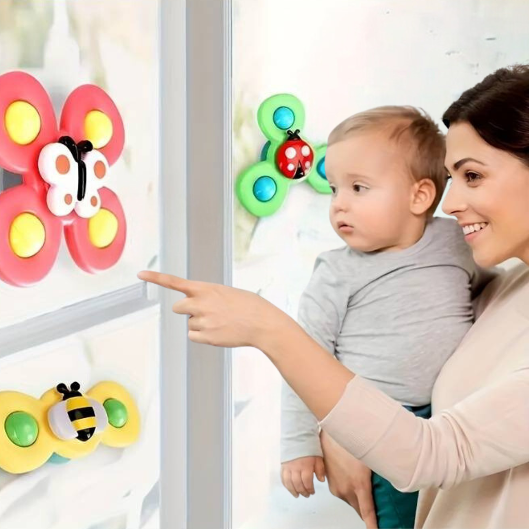 SpinFun Saugnapf Spinner Spielset (3-teilig), farbenfroh, fördert Babys motorische Fähigkeiten.