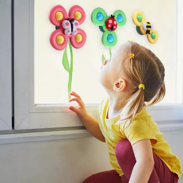 Sensorisches Babyspielzeug: Bunte Saugnapf Spinner fördern visuelle Wahrnehmung und Feinmotorik der Kinder.