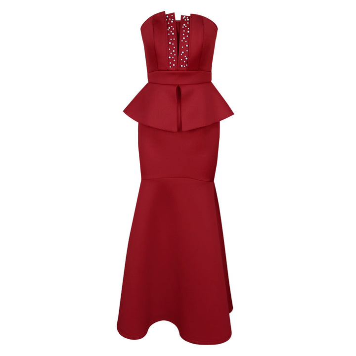 Exklusives Partykleid für Damen: Burgunderrotes Peplum-Kleid mit Herzausschnitt & Glitzer für besondere Abendveranstaltungen.