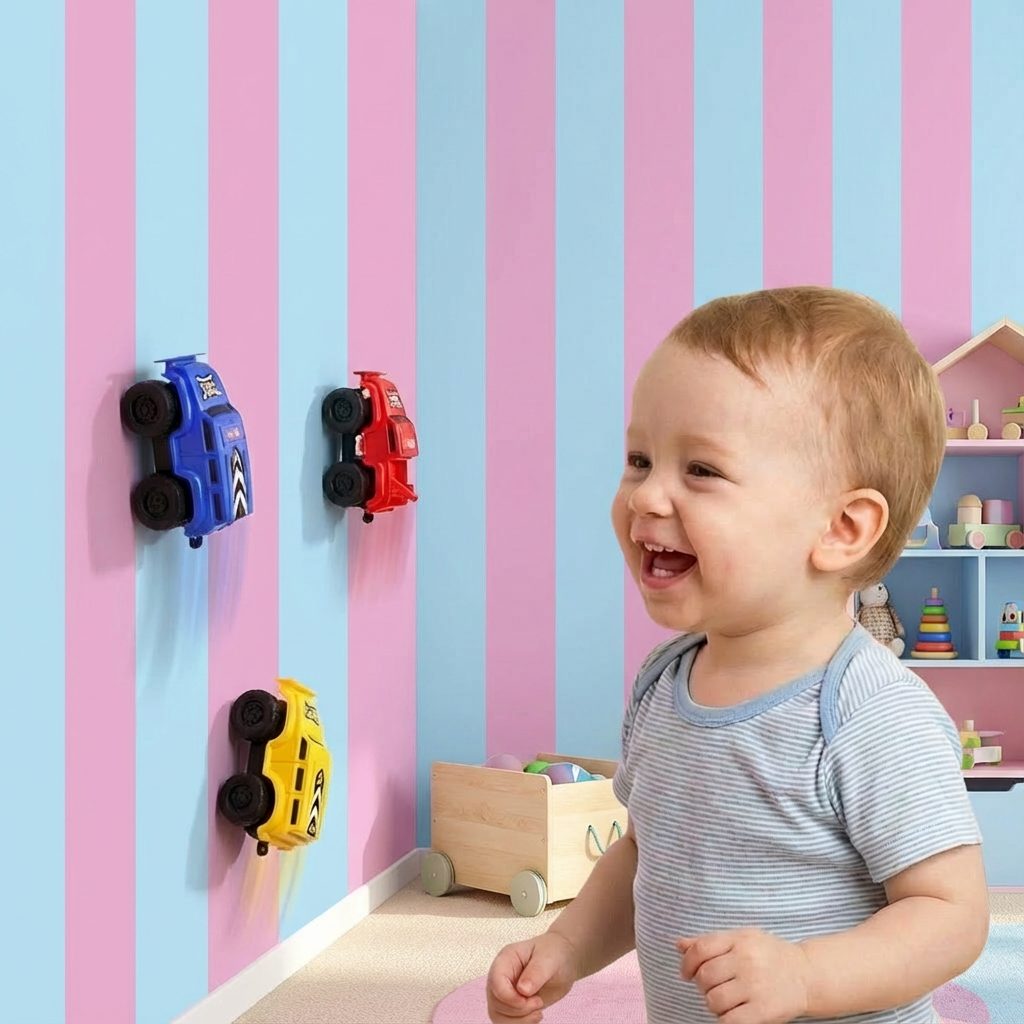 Kinderspielzeug: Rotes Magnetauto klettert spielerisch Wände hoch. Interaktives Rennauto für abenteuerlustige Kinder.