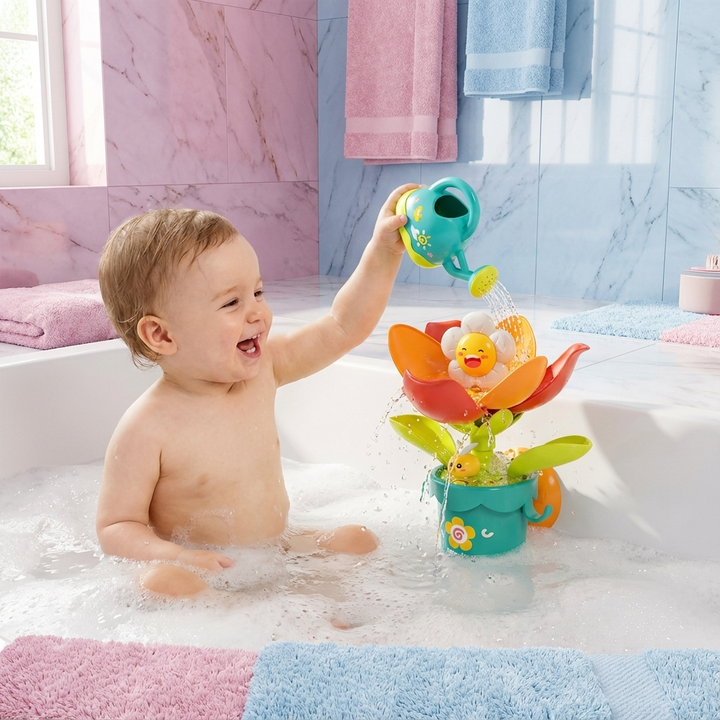 Farbenfrohes Kinder Badespielzeug Set mit Gießkanne und bunten Blumen, ideal für Wasserspaß in der Badewanne.