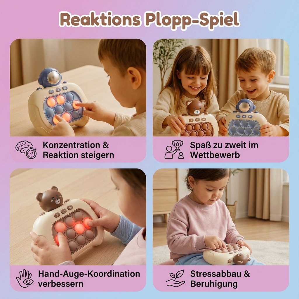 Lustiges Gesellschaftsspiel Plopp für Familienabende, steigert die Schnelligkeit der Spieler.
