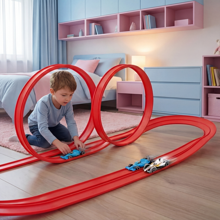 Biegsames Rennstrecken-Bausatz für Kinder mit leuchtenden Elementen, zum kreativen Gestalten eigener Strecken.