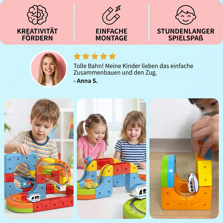 Baubare magnetische Würfel Schienenbahn. Konstruktionsspielzeug für Kinder, das räumliches Denken anregt.