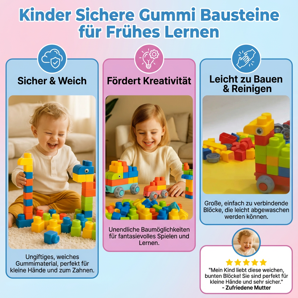 Weiche Gummi Bausteine als Stapelspielzeug für frühes Lernen. Fördert kreatives Bauen bei Kindern.