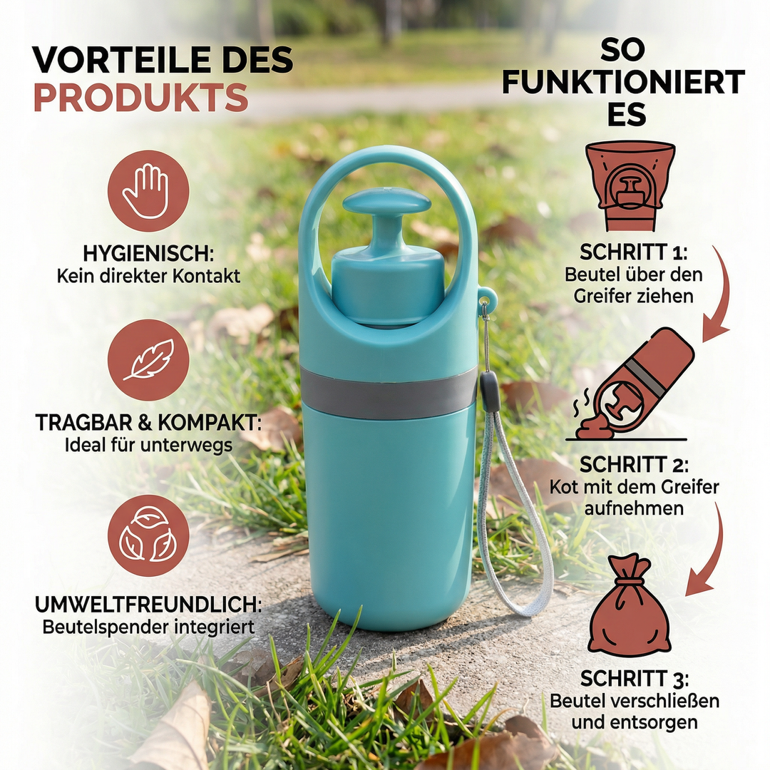 Tragbarer Kotgreifarm für Hunde, ideal für bequemes und berührungsloses Aufsammeln von Hundekot unterwegs.
