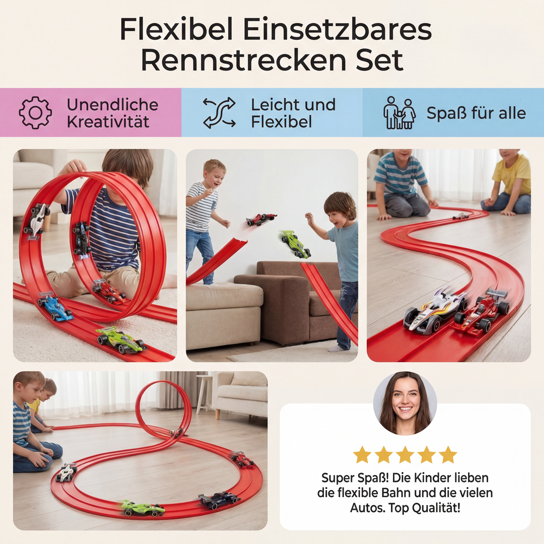 Interaktives Rennstrecken-Spielzeug für Jungen & Mädchen, biegsam, leuchtend & fördert spielerisch die Motorik.