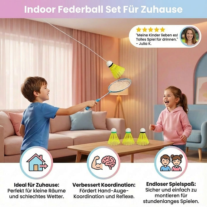 Familien-Freizeitaktivität: Federball spielen drinnen. Fördert Bewegung und Koordination bei Kindern.