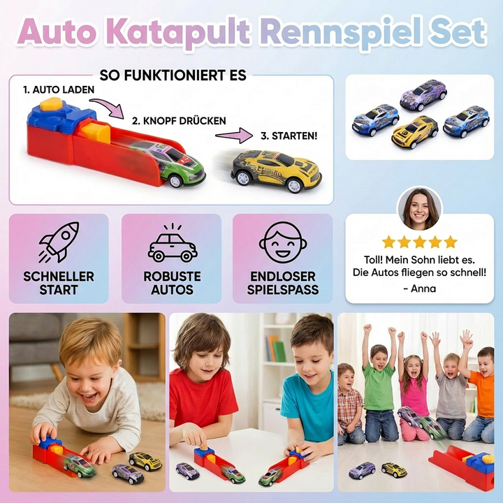 Adrenalinreiches Kinder Spielzeug: Katapult Rennspiel mit robusten Die-Cast Autos. Perfekt für actiongeladene Rennen.