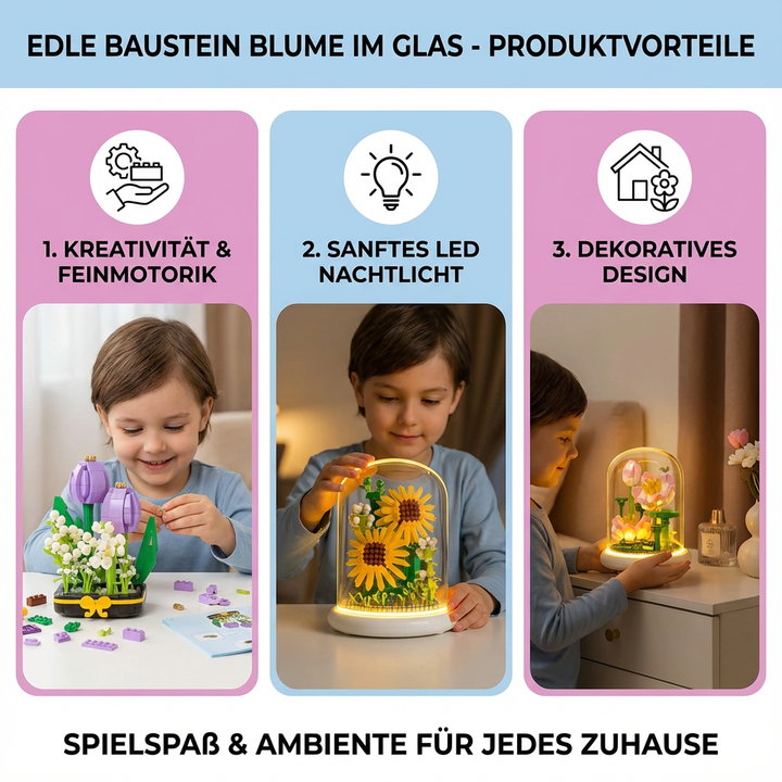 Einzigartiges Baustein Blume im Glas DIY-Geschenkset, ideal für Hobby & Dekoration.