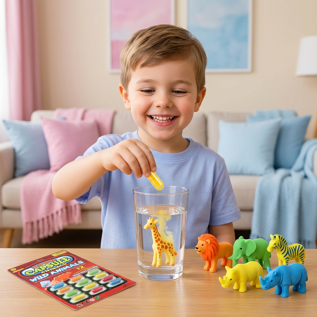 Faszinierende magische Kapseln mit Tieren, die im Wasser wachsen. Ideales Lernspielzeug für Kinder.
