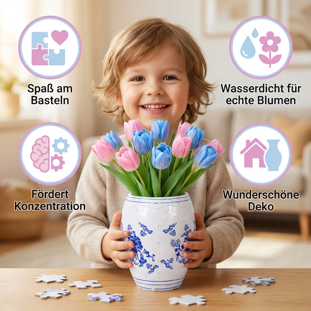 Einzigartige 3D Puzzle Blumenvase für echte Blumen, kreatives DIY Wohnaccessoire für Heimdekoration und stilvolle Akzente.