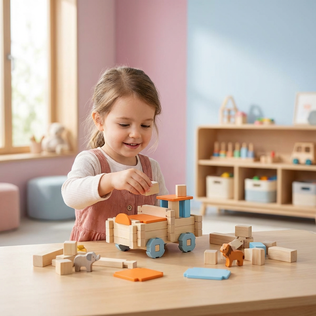 Nachhaltiges Holzspielzeug: Montessori Bausteine in bunten Formen zur Förderung von Motorik, Kreativität & Lernen.