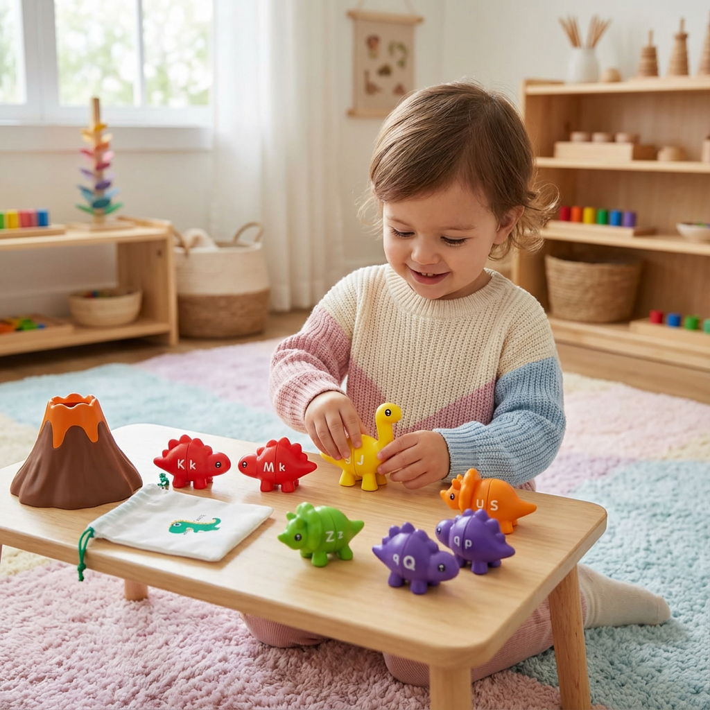 Buntes Montessori Sortierspiel zum Farben lernen mit Dinosaurier-Figuren; fördert kognitive Entwicklung & Feinmotorik.
