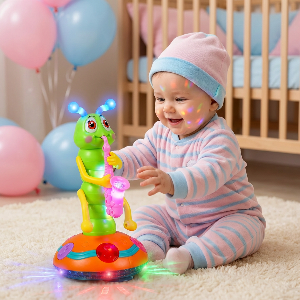 Tanzende Saxophon Raupe: Interaktives Musikspielzeug für Kinder, fördert Motorik mit LED-Lichtern und lustigen Tänzen.