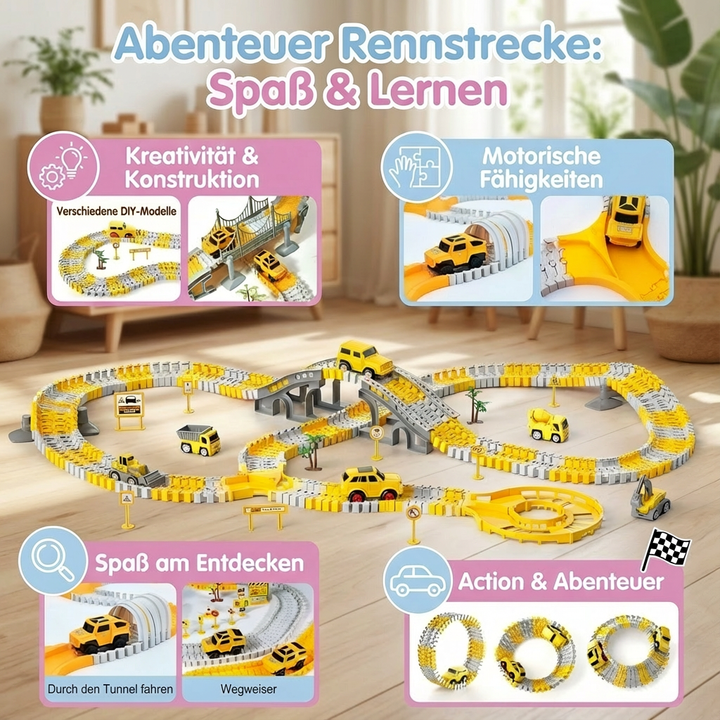 Familie spielt gemeinsam an der großen Abenteuer Rennstrecke mit Spurautos, fördert Motorik und Spaß.