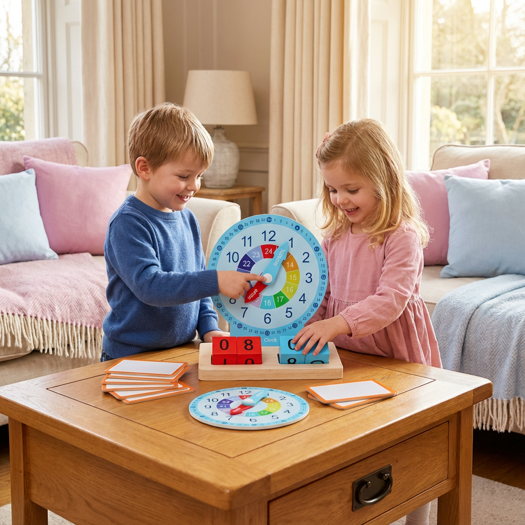 Montessori Uhrzeit Lernspielzeug für Kinder aus Holz mit bunten Zahlen, analoger und digitaler Zeitanzeige.