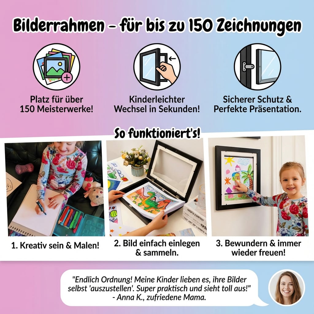 Originelles Geschenk für Kinder: Holz-Bilderrahmen, um ihre Lieblings-Kunstwerke stolz zu präsentieren.