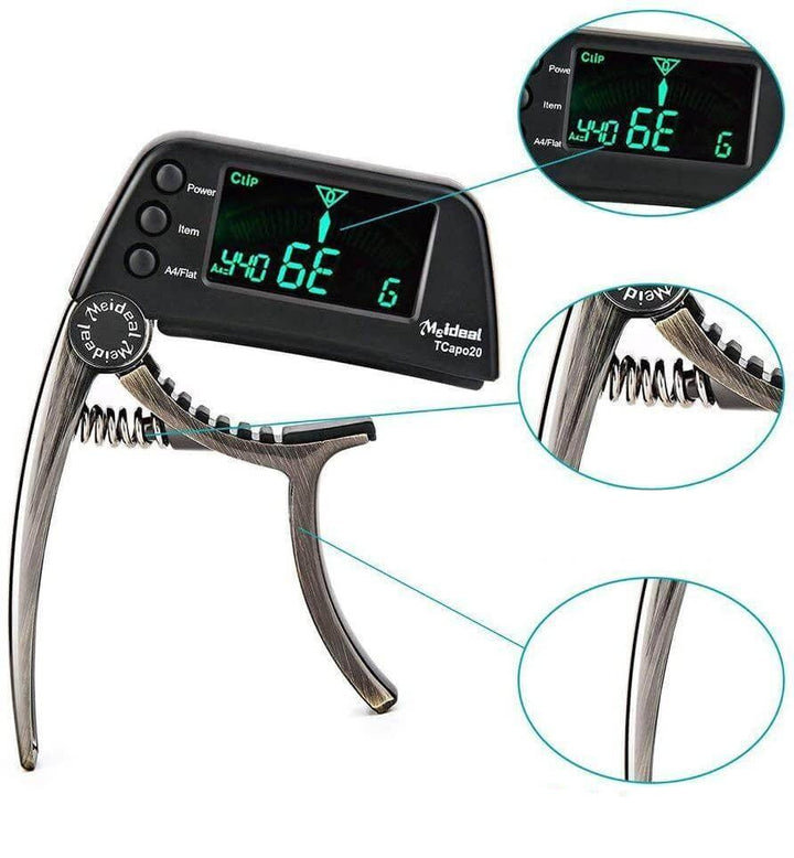 Gitarren Capo & Stimmgerät 2-in-1 aus Aluminium für präzise Stimmung von Gitarre, Ukulele, Bass.