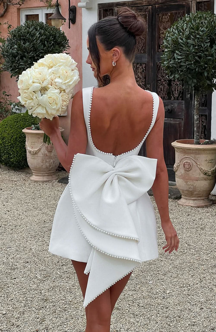 Damen Minikleid ärmellos mit Perlenbesatz & A-Linie, perfekt für Hochzeitsgäste und festliche Anlässe.