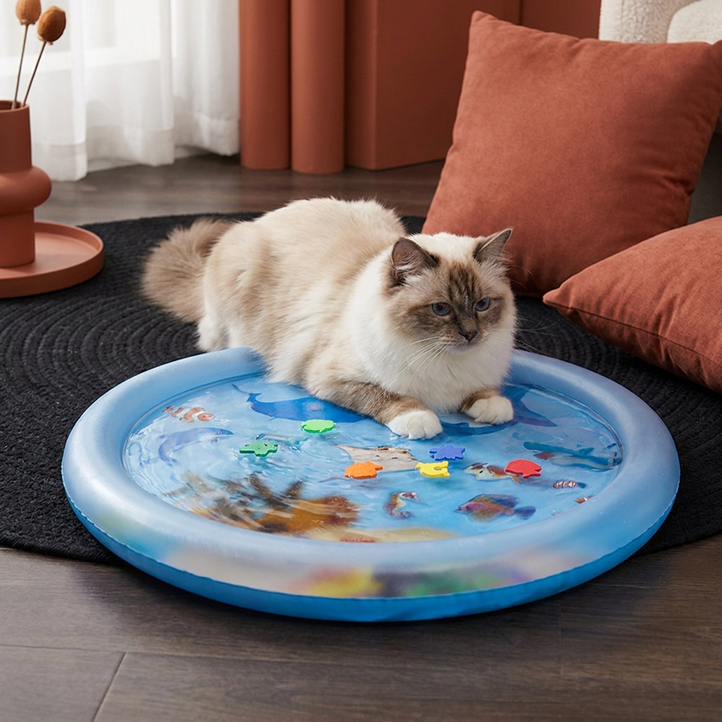 Katzenspielmatte mit Wasserfüllung. Bietet Kühlung, Spiel & Spaß für Katzen an heißen Tagen.