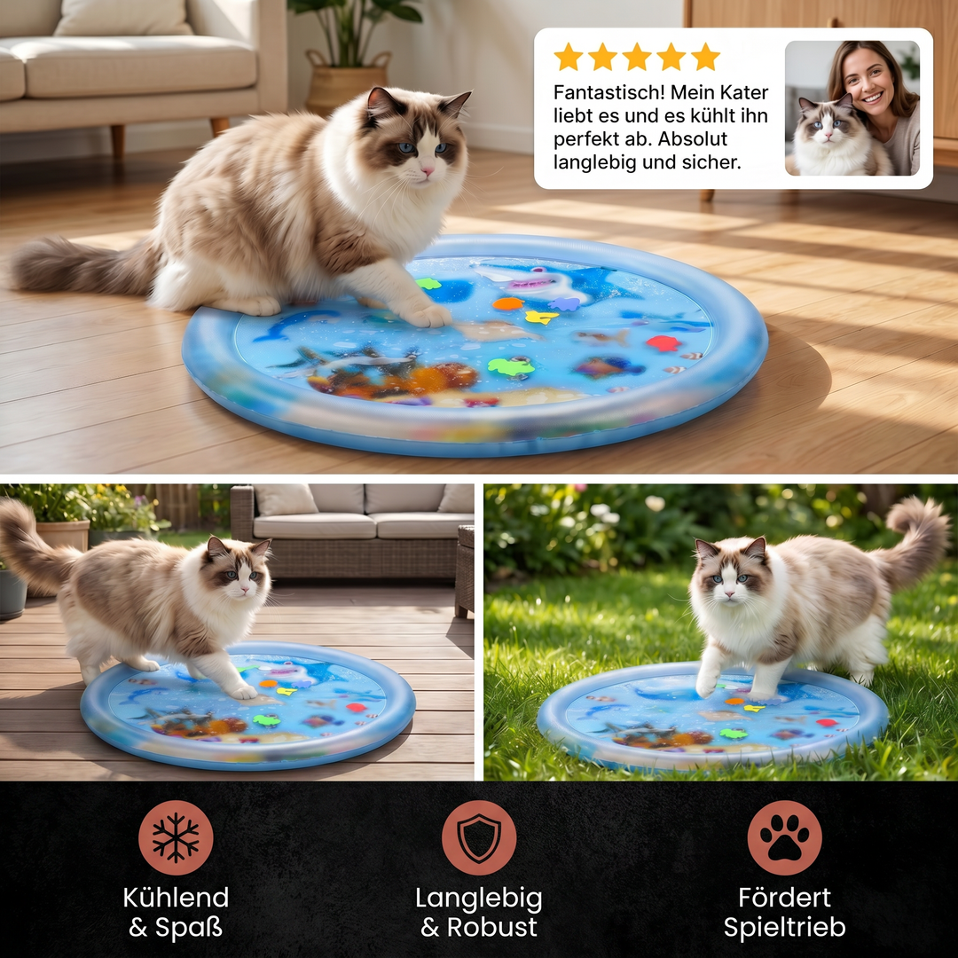 Katze entspannt auf kühlendem Wasserbett. Perfektes Kühlbett und Spielzeug für den Sommer.