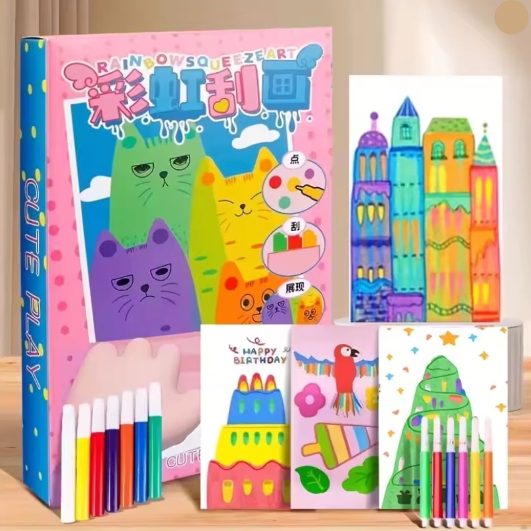 Faszinierendes Regenbogen Schmierkunst Set für Kinder. Entdecke bunte Kunst beim Kratzen.