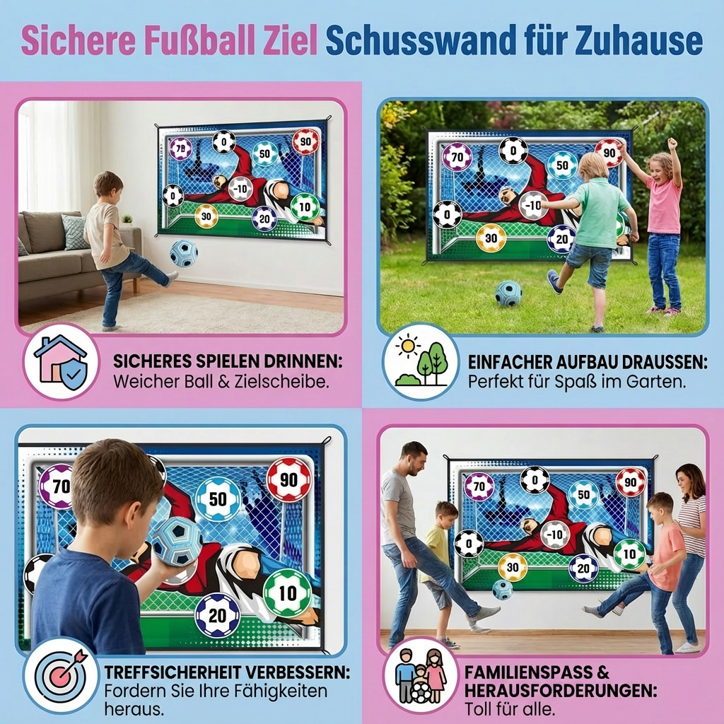Kind trainiert mit der Fußball Ziel Schusswand seine Schussgenauigkeit und Power. Ideales Sportgerät für draußen.