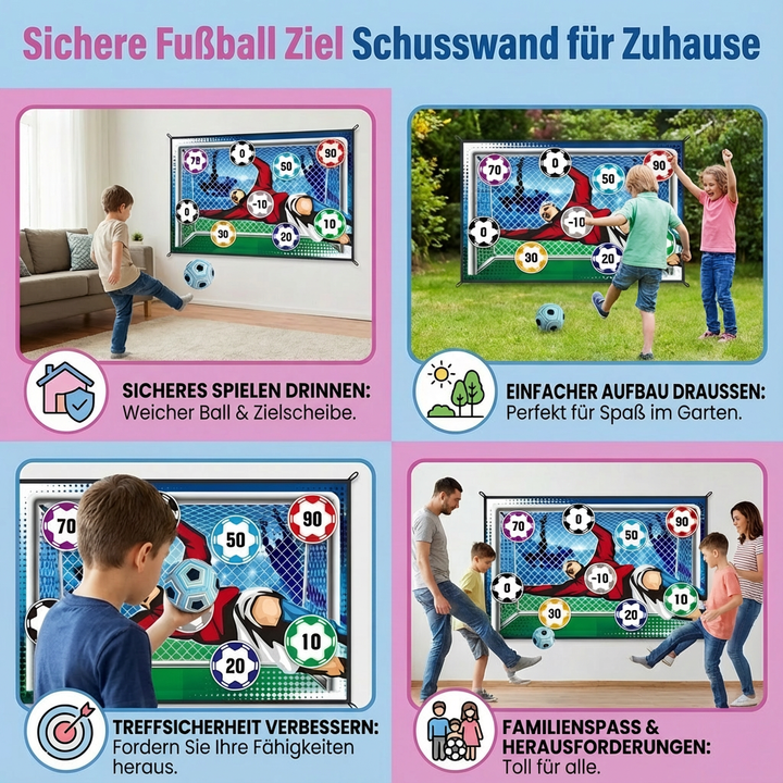 Kind trainiert mit der Fußball Ziel Schusswand seine Schussgenauigkeit und Power. Ideales Sportgerät für draußen.