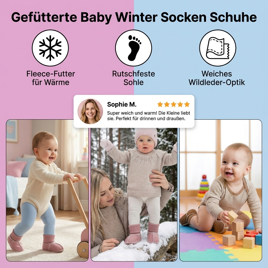 Säuglingsschuhe im Winter-Look, gefüttert und mit sicherer Sohle, halten kleine Füße kuschelig warm.