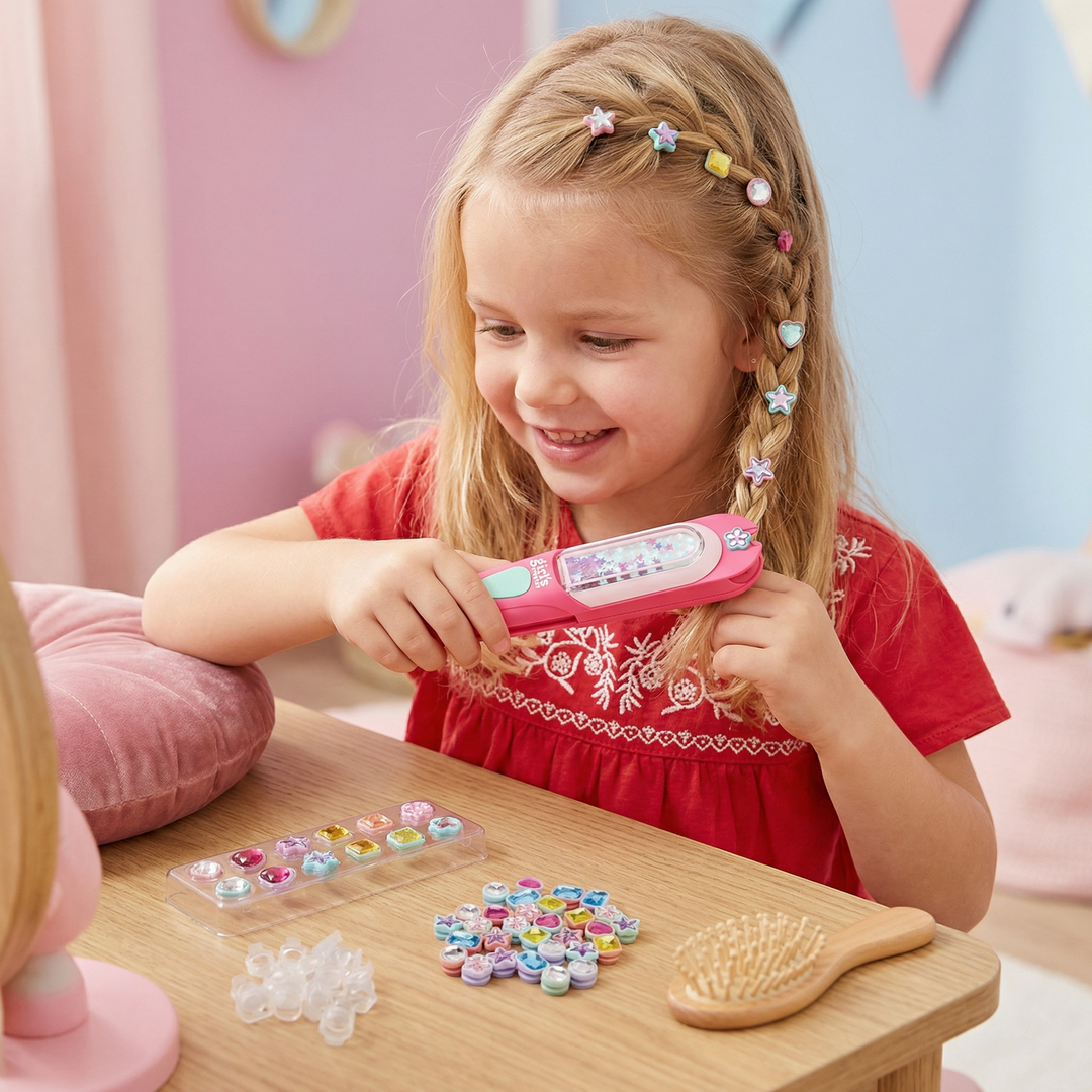 Kinder Haar-Glitzerstein Styling-Kit mit funkelnden Strasssteinen und Aufstempler für kreative Kinderfrisuren.