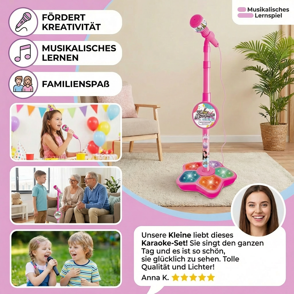 Rosa Kinder Karaoke-Set mit Mikrofon & Ständer, perfekt für junge Talente und stundenlangen Spielspaß.
