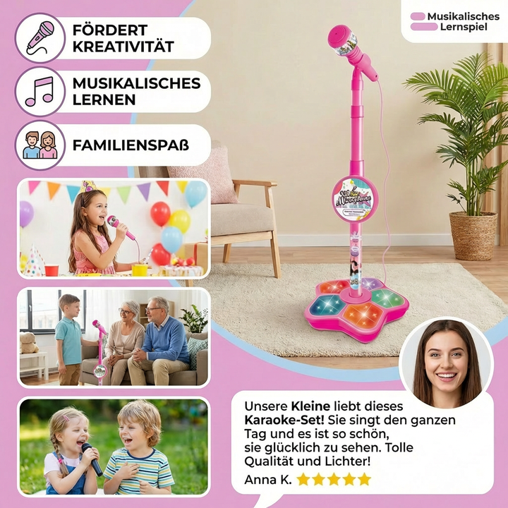 Rosa Kinder Karaoke-Set mit Mikrofon & Ständer, perfekt für junge Talente und stundenlangen Spielspaß.