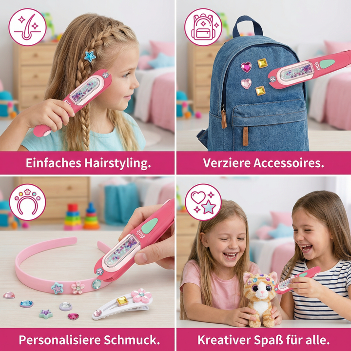 Kind bringt funkelnde Glitzersteine und Strasssteine auf Haar-Accessoires für einzigartige Kinderfrisuren.