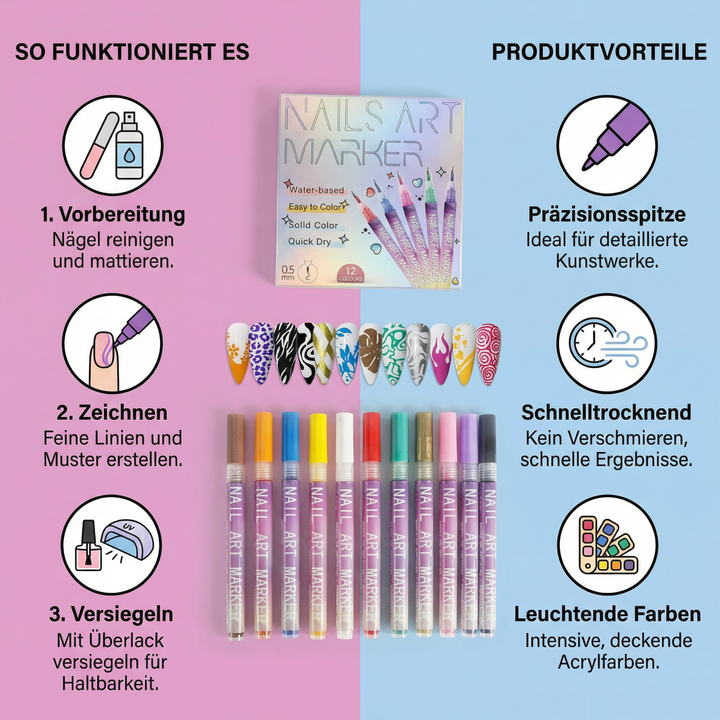 Nail Art Stifte Set für einfache Maniküre & professionelle Nagelkunst; 12 lebendige Acrylfarben.