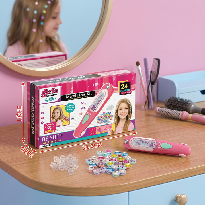 Haar-Styling-Kit für Kinder: Glitzersteine & Strasssteine zum Aufstempeln, Haardekoration für kreatives Spielzeug.