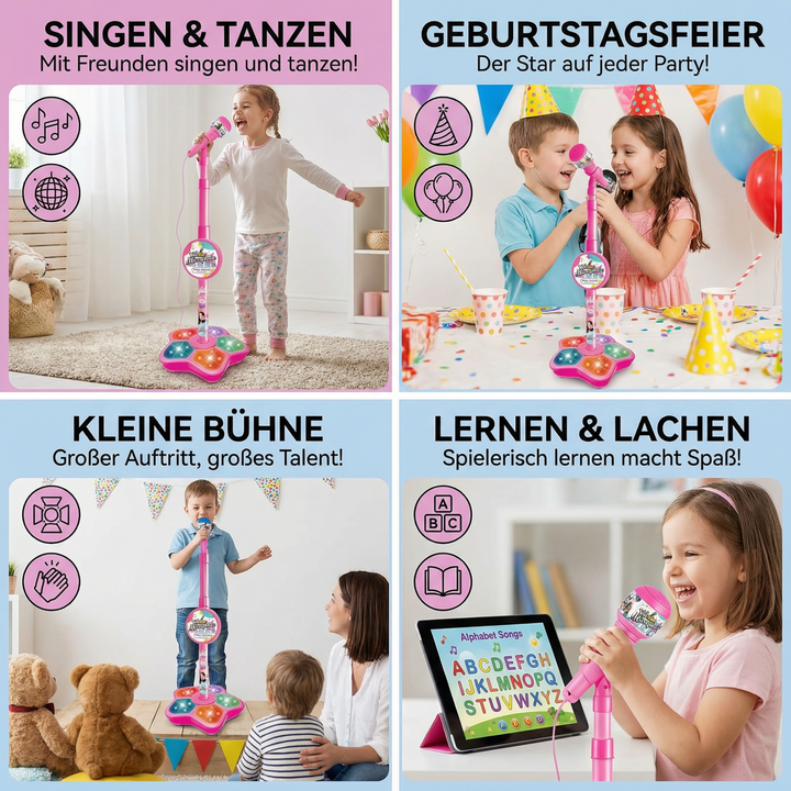 Blaues Kinder Karaoke-Set mit Mikrofon & stabilem Ständer, ideal für singende Kinder & musikalische Stunden.