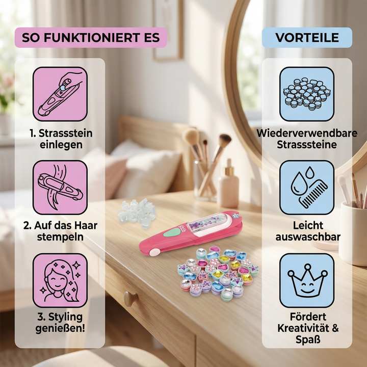Mädchen gestalten ihre Kinderfrisuren mit diesem Glitzerstein Styling-Kit, Strasssteine für Haardekoration.