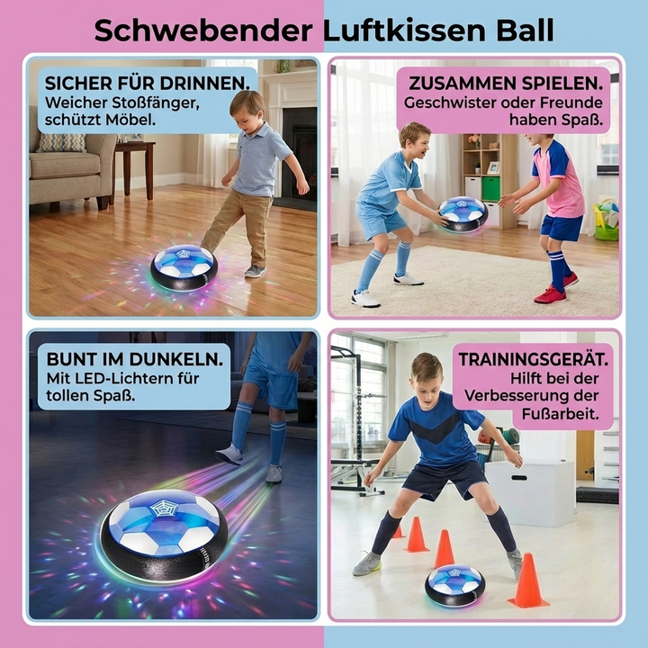 Dynamischer Luftkissen-Fußball mit leuchtenden LED-Effekten, gleitet sanft über Böden für spannende Matches.