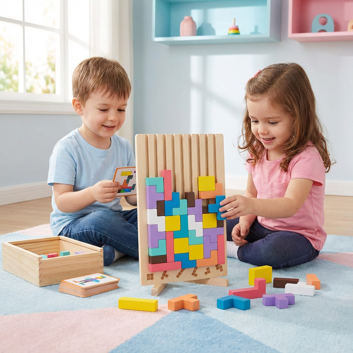 Hochwertiges Holz Montessori Baustein Set mit bunten geometrischen Formen, robustes pädagogisches Spielzeug für Kinder.