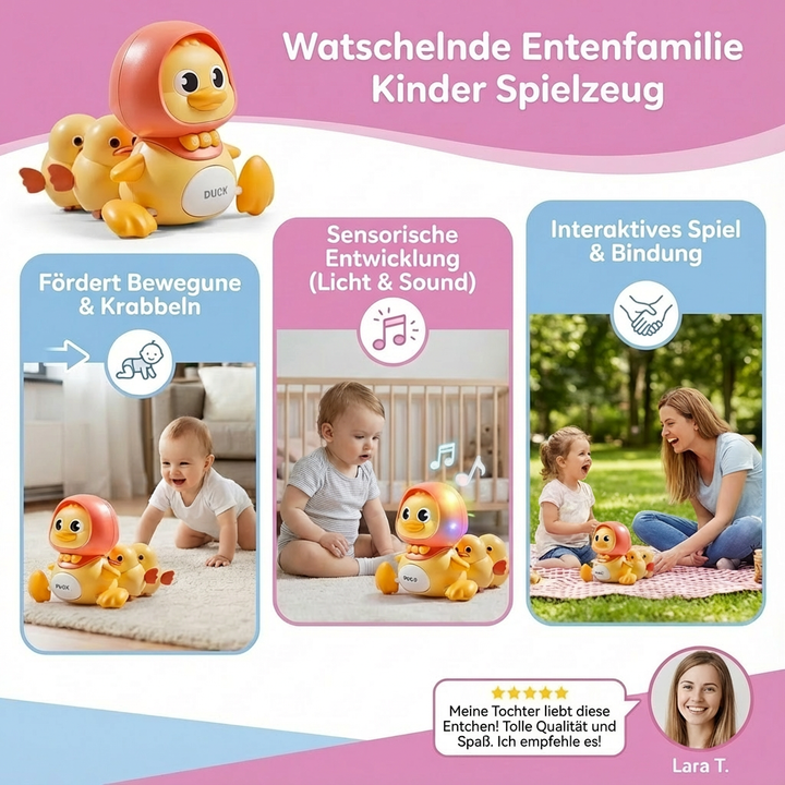 Süße rosa & gelbe Entenfamilie als Spielzeug; watschelt & macht Musik; ideal für Babys & Kleinkinder.