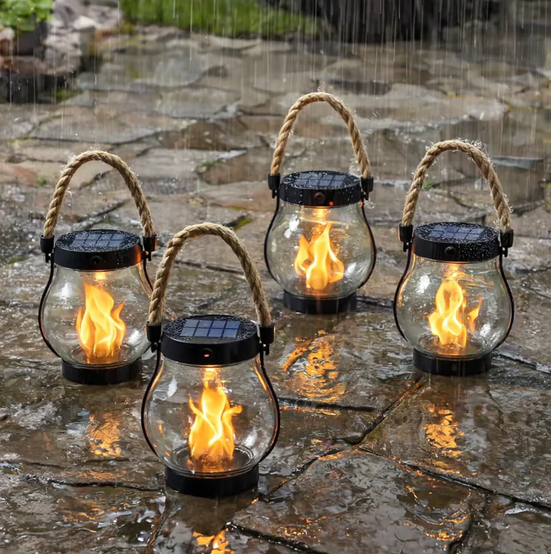 Kabellose LED Solarlampe mit Flammeneffekt, ideal als Dekoleuchte für Garten und Terrasse, wetterfest.