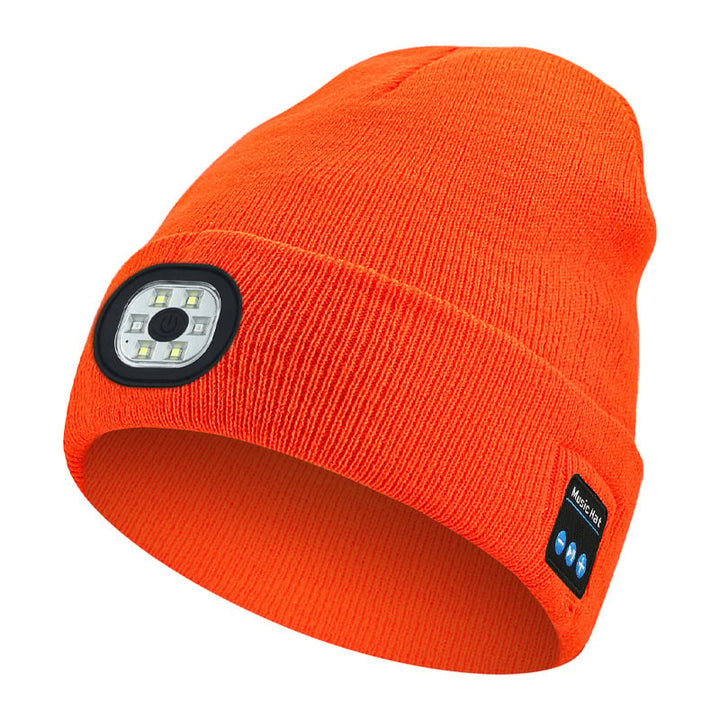 Smart Beanie mit Bluetooth-Kopfhörern & LED-Stirnlampe; hält warm, spielt Musik & spendet Licht beim Sport.