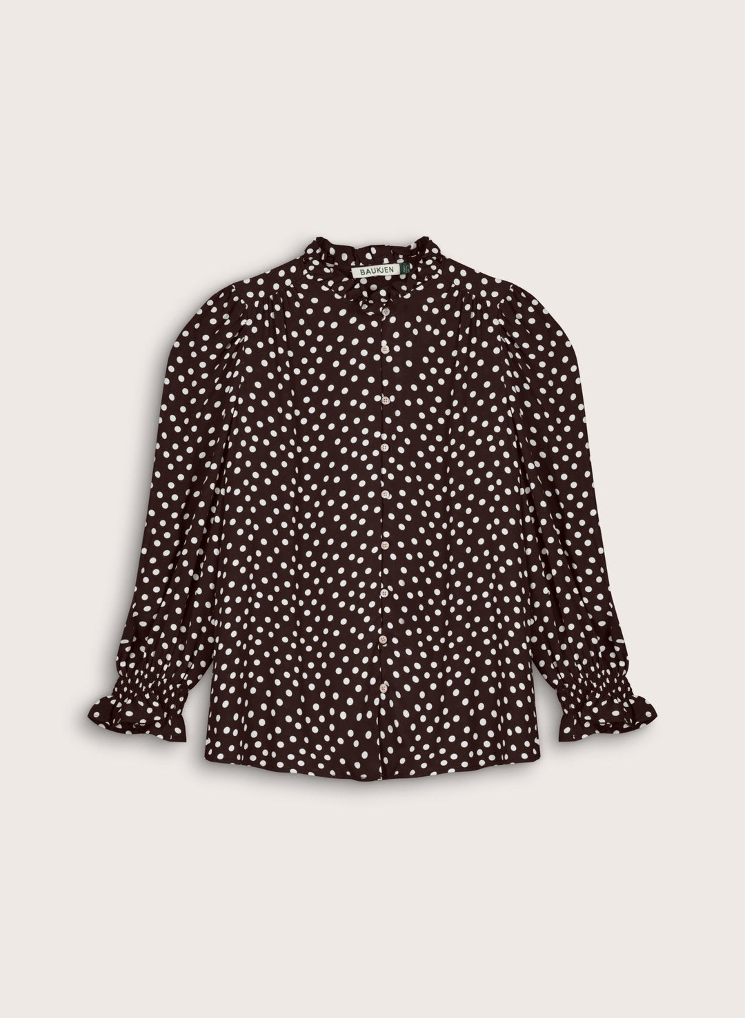 Elegante Damenbluse in Schokolade mit Puffärmeln und zeitlosem Tupfenprint. Feminin & modisch.