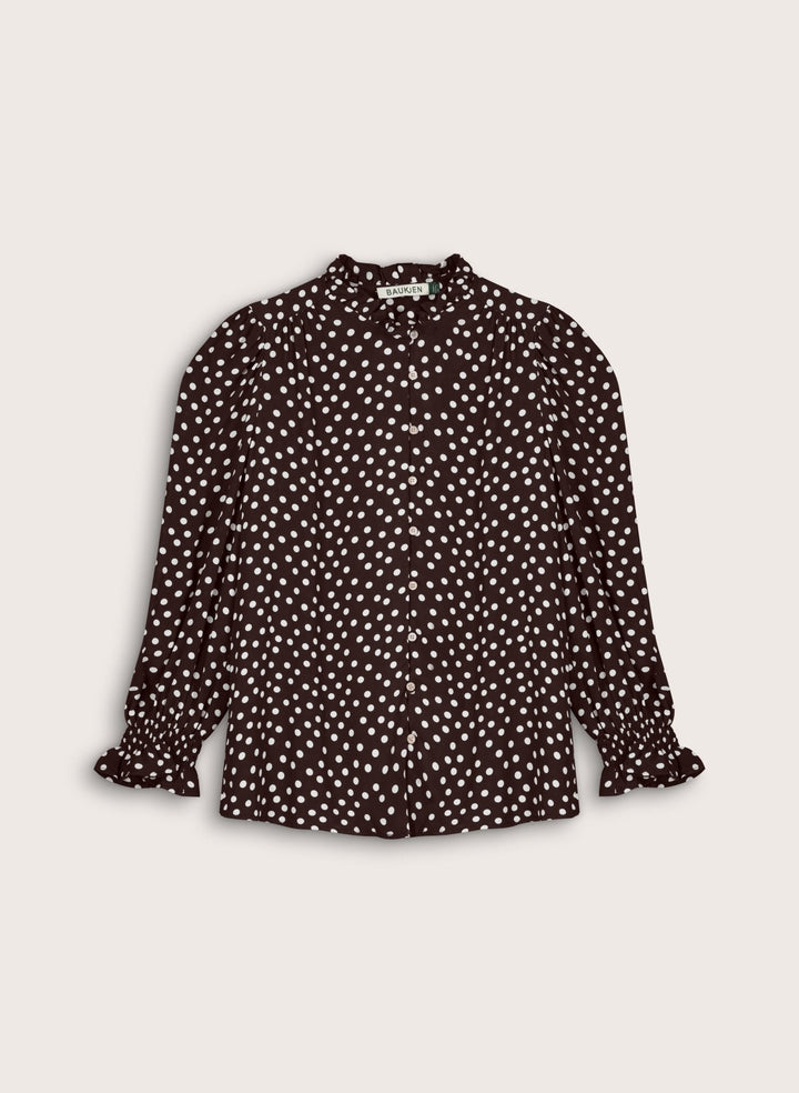 Elegante Damenbluse in Schokolade mit Puffärmeln und zeitlosem Tupfenprint. Feminin & modisch.