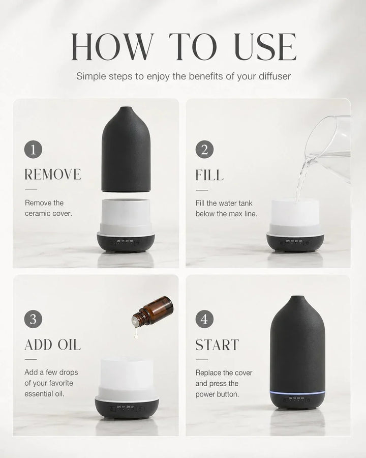 Keramik Diffuser für ätherische Öle mit Ultraschall, 7 LED-Farben und Timer, fördert Entspannung & Wohlbefinden.