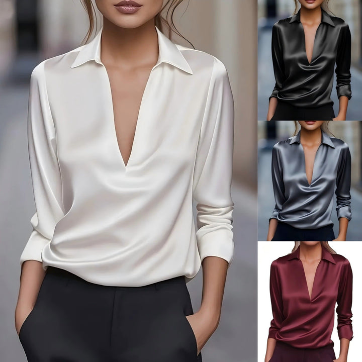 Stilvolle Damen Satin-Bluse mit femininem V-Ausschnitt. Zeitloses Langarm-Top für elegante Anlässe.