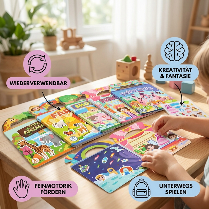 Nahaufnahme: Kinderhände platzieren Sticker in einem Montessori Lernspielzeug, fördert Konzentration.