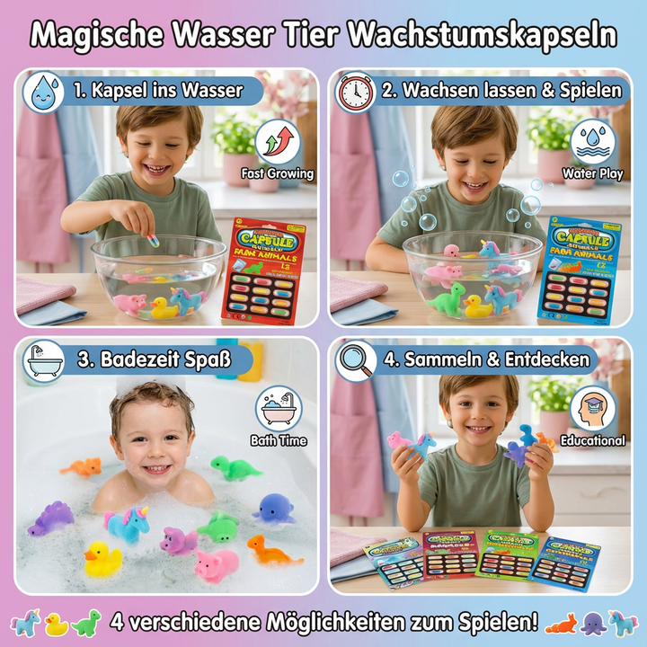 Spiel & Spaß mit magischen Tier Kapseln im Wasser. Fördert Kreativität und Entdeckung bei Kindern.